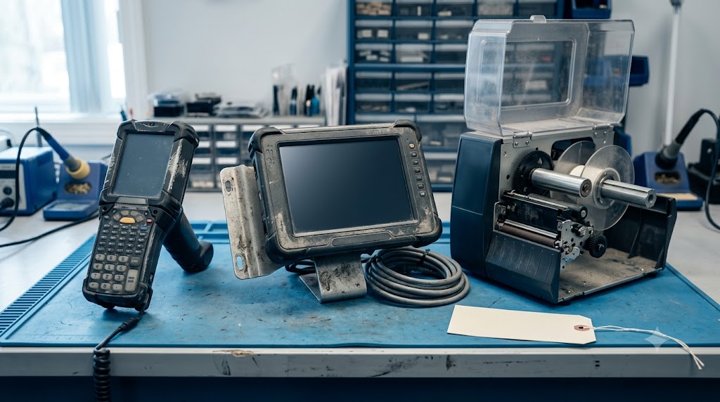 Legacy handheld, vehicle-mount and label printer hardware staged for repair at Sterling Mobile's Phoenix depot