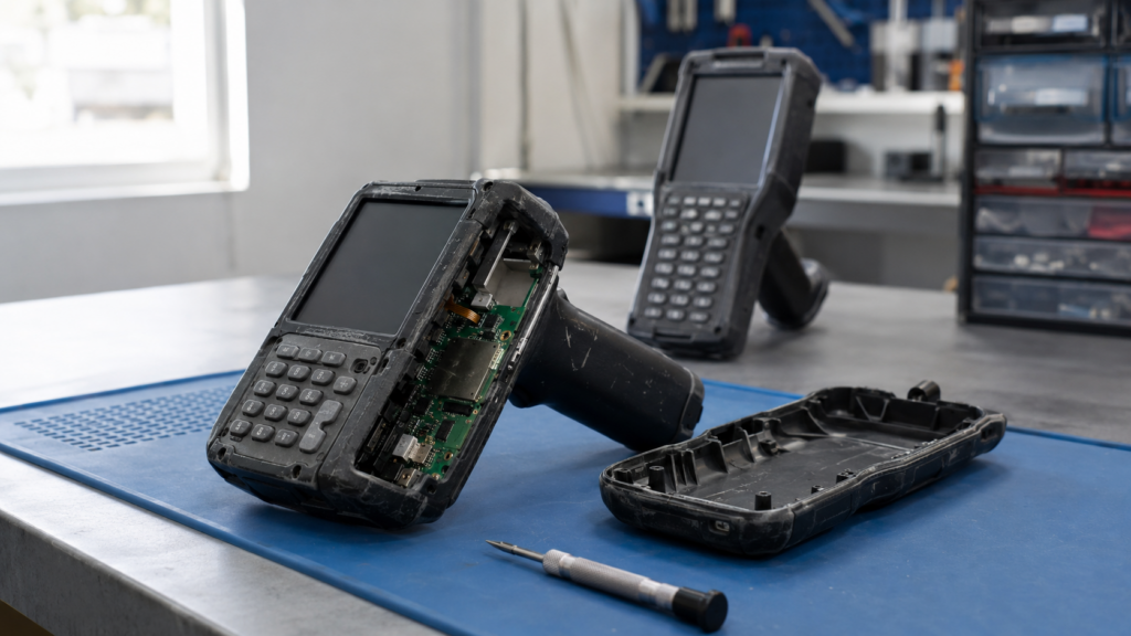 Disassembled rugged handheld barcode computer on the repair bench at Sterling Mobile's Phoenix depot
