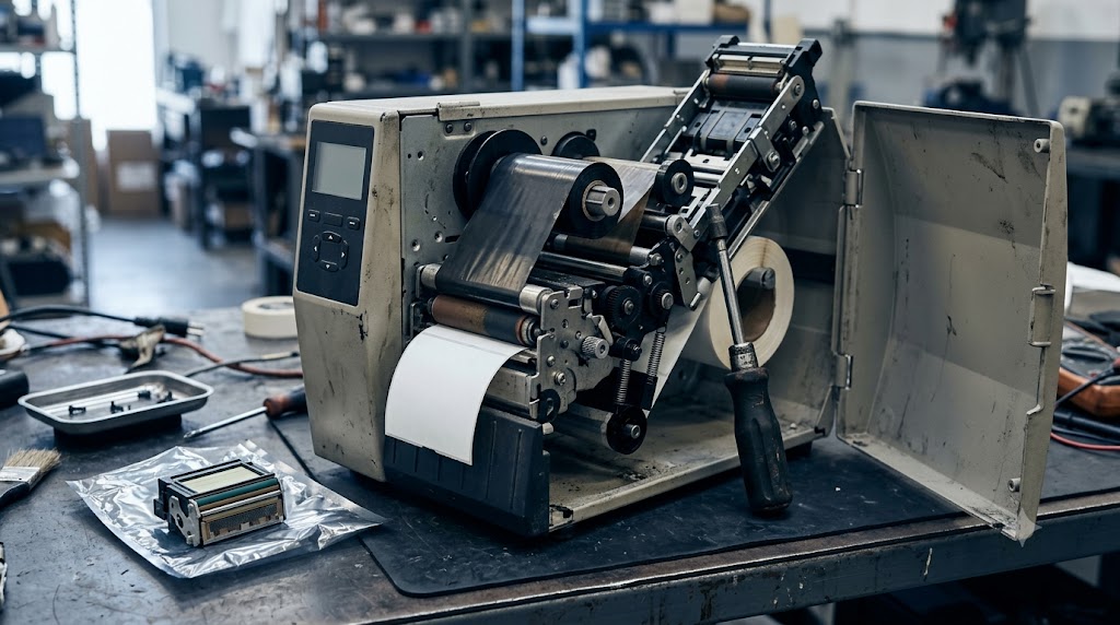 Zebra industrial label printer opened for printhead replacement at Sterling Mobile's Phoenix depot