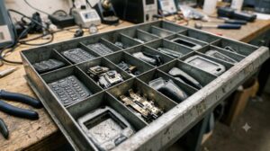 Salvaged keypads, scan modules and battery contacts from legacy handheld barcode scanners at Sterling Mobile's Phoenix repair depot