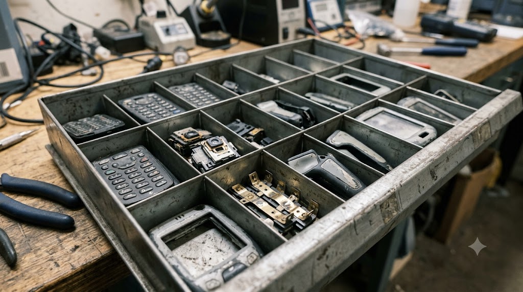 Salvaged keypads, scan modules and battery contacts from legacy handheld barcode scanners at Sterling Mobile's Phoenix repair depot
